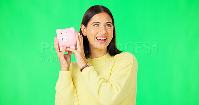 Buy stock photo Thinking, green screen and woman with piggy bank, investment and economy on a studio background. Profit, person and model with happiness, savings and financial wealth with budget planning and excited