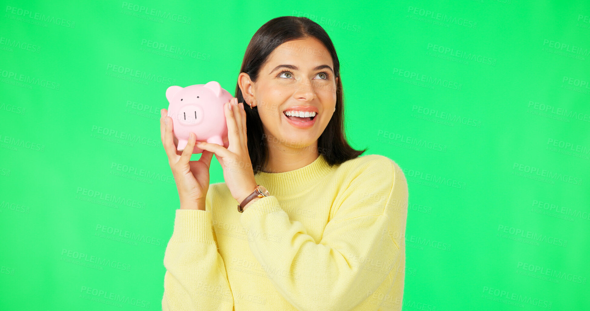 Buy stock photo Thinking, green screen and woman with piggy bank, investment and economy on a studio background. Profit, person and model with happiness, savings and financial wealth with budget planning and excited
