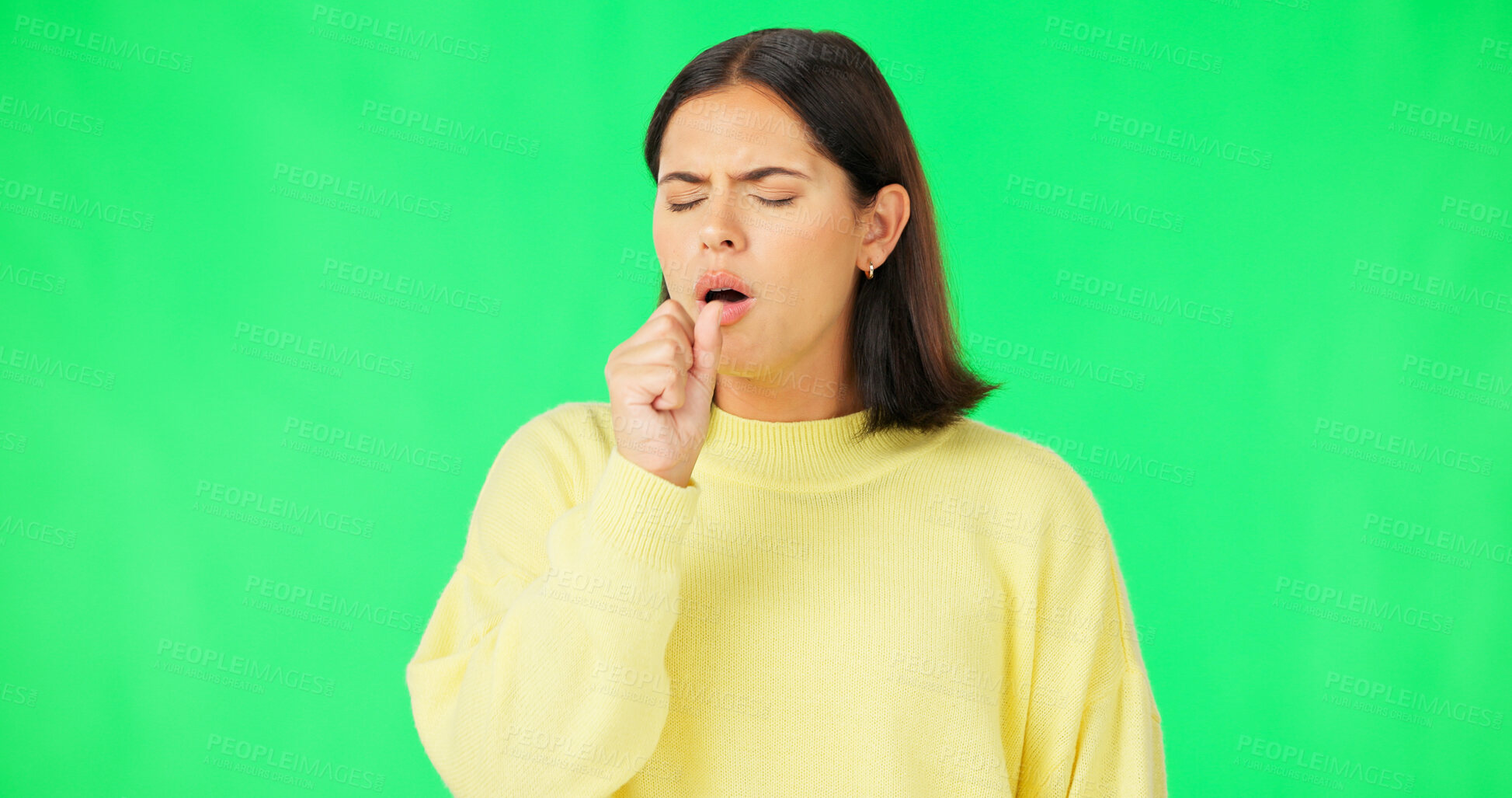 Buy stock photo Sick woman, cough and virus on green screen, cold and risk of bacteria from allergies on studio background. Young model, asthma and tuberculosis with sore throat from allergy, influenza or ill health