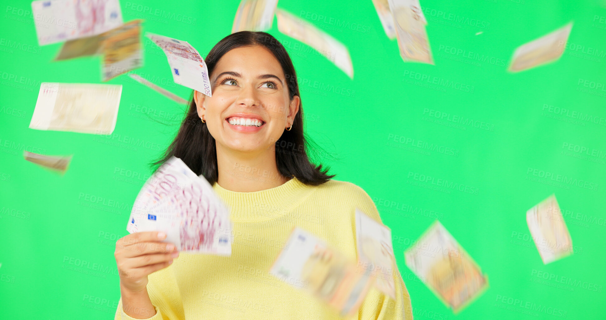 Buy stock photo Money rain, winner or happy woman on green screen with lottery jackpot, competition giveaway or cash prize. Goal success, air or excited rich female person with Euros or gambling on studio background