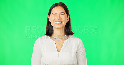 Buy stock photo Smile, woman and portrait with green screen and happy and relax in a studio. Female person, excited and model from Italy with modern and trendy fashion with clothing and confidence with style