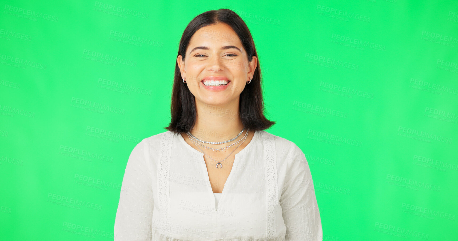 Buy stock photo Smile, woman and portrait with green screen and happy and relax in a studio. Female person, excited and model from Italy with modern and trendy fashion with clothing and confidence with style