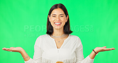 Buy stock photo Green screen, portrait and happy woman choice, palm gesture and advertising promo offer, deal or palm scale balance. Product placement person, decision or mockup space comparison on studio background