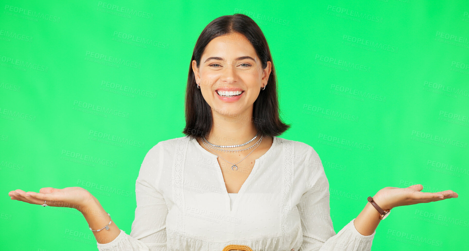 Buy stock photo Green screen, portrait and happy woman choice, palm gesture and advertising promo offer, deal or palm scale balance. Product placement person, decision or mockup space comparison on studio background