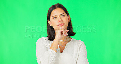 Buy stock photo Thinking, inspiration and ideas with woman on green screen, future or dream with solution on studio background. Decision, question for problem solving and insight with memory for brainstorming