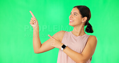 Buy stock photo Woman, green screen and pointing, advertising for gym with presentation for info or news on studio background. Mockup, fitness announcement with marketing for launch and exercise tips or advice