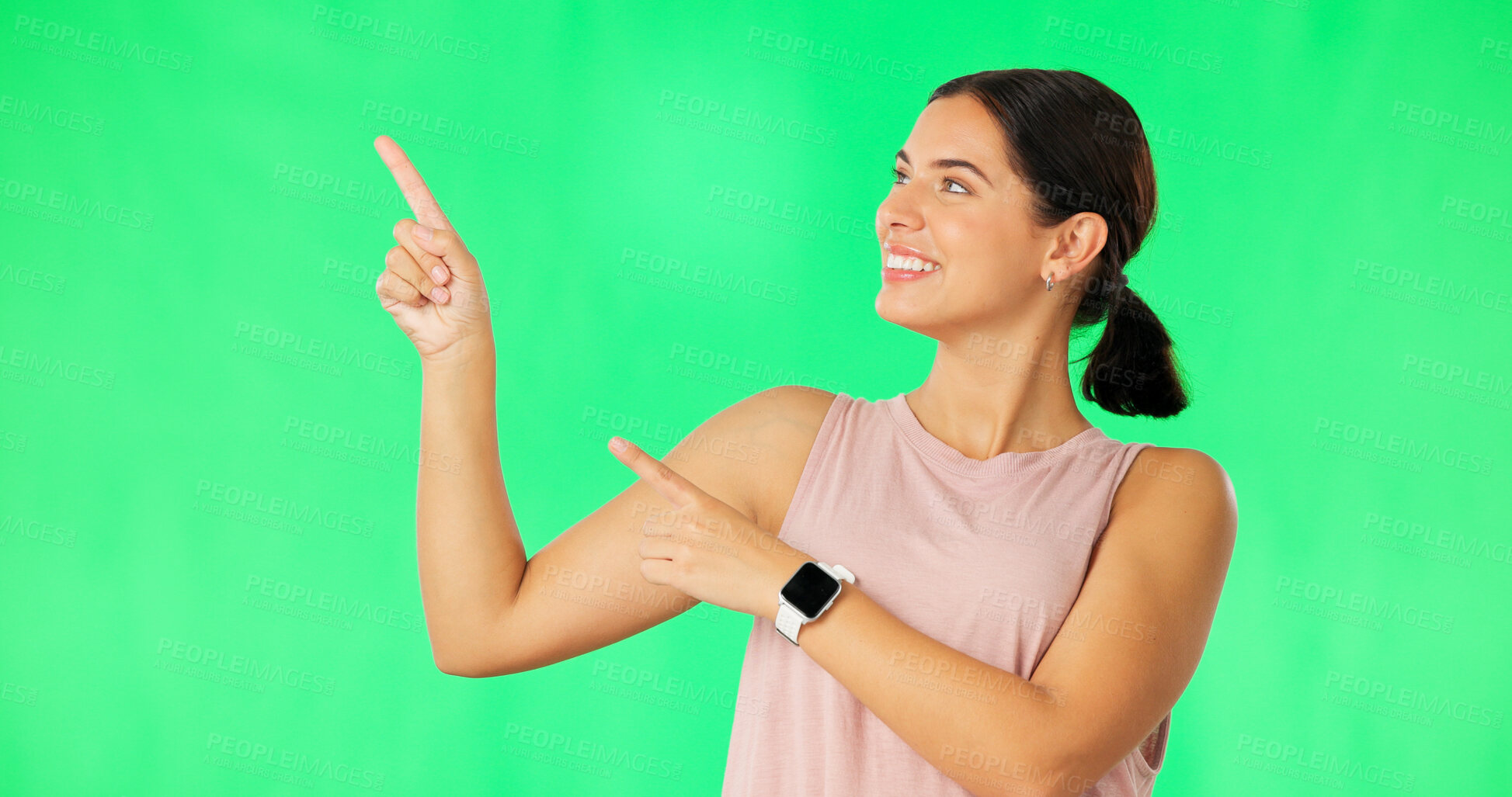 Buy stock photo Woman, green screen and pointing, advertising for gym with presentation for info or news on studio background. Mockup, fitness announcement with marketing for launch and exercise tips or advice