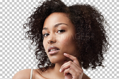 Buy stock photo Skincare, makeup and portrait of a woman with natural hair care and confidence from beauty glow. Dermatology, young face and female person with youth Isolated on a transparent, png background
