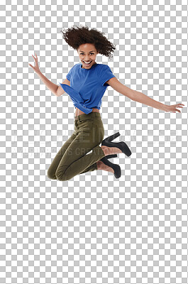 Buy stock photo Jump, freedom and happy woman in portrait isolated on transparent, png background for fashion, success and winning. Winner, biracial person or model celebration jumping, excited and energy for sale