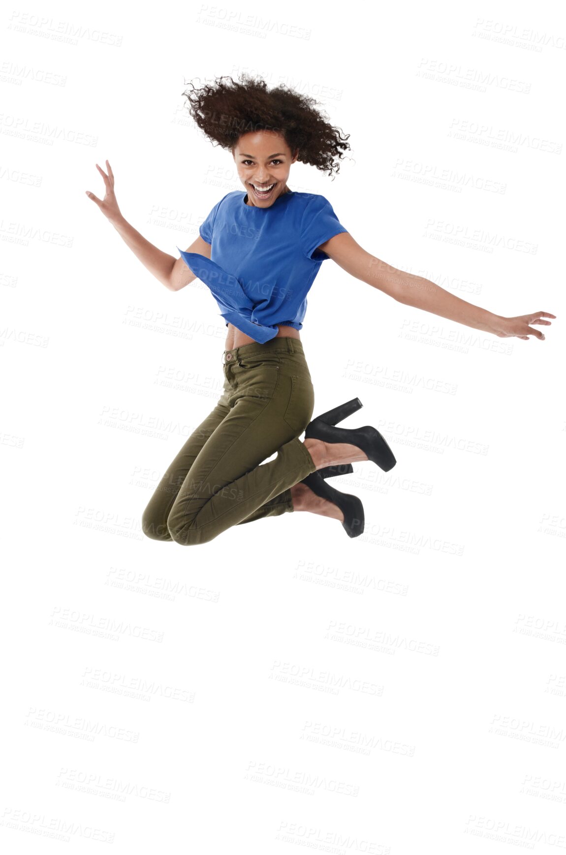 Buy stock photo Jump, freedom and happy woman in portrait isolated on transparent, png background for fashion, success and winning. Winner, biracial person or model celebration jumping, excited and energy for sale