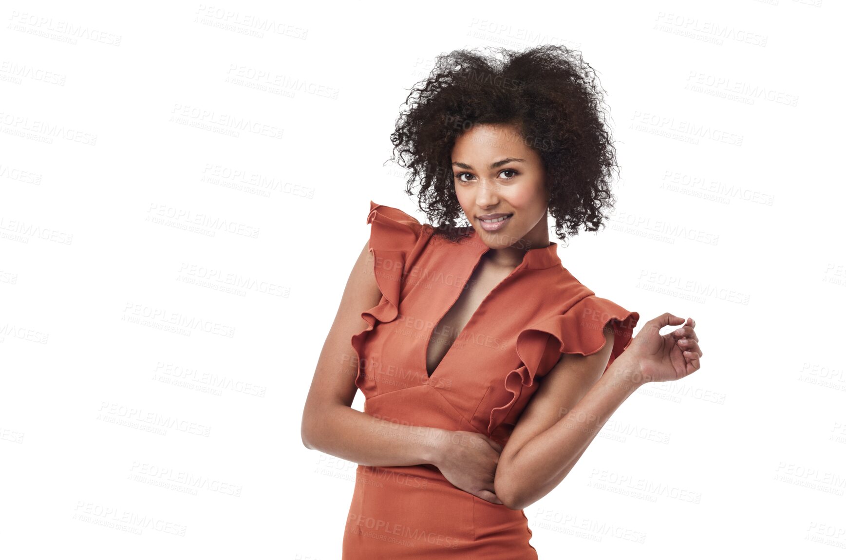 Buy stock photo Portrait, smile and black woman with attitude, confident and lady isolated against a transparent background. Face, female person and model with happiness, aesthetic and cheerful with beauty and png