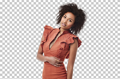 Buy stock photo Black woman, beauty and fashion portrait of a confident person with style and trendy clothing. Female model, young face and confidence with youth alone and isolated on a transparent, png background
 