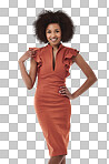 Cropped view of an attractive african american woman standing with one hand on her shoulder and the other on her hip isolated on a png background