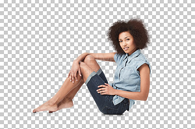 Buy stock photo Fashion, confidence and portrait of a woman with a casual, stylish and trendy cool outfit. Style, beauty and young African female model posing on the floor isolated by a transparent png background.