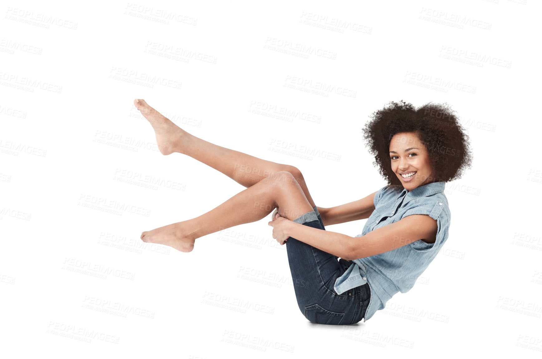 Buy stock photo Playful portrait, happy woman and sitting isolated on transparent png background for fun. Young female person with carefree personality on floor, good mood and casual afro fashion, barefoot and smile