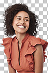 A cute african american woman looking away and smiling isolated on a png background