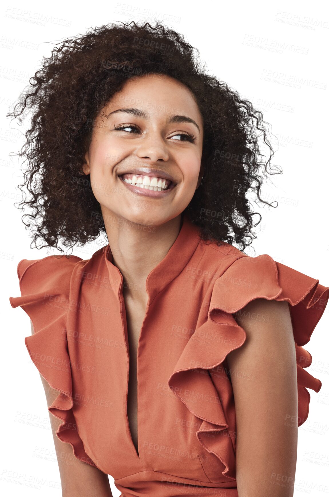 Buy stock photo Smile, fashion and happy black woman relax on isolated, transparent and png background. Cheerful, smiling and stylish african girl model laughing, carefree and having fun, excited and trendy