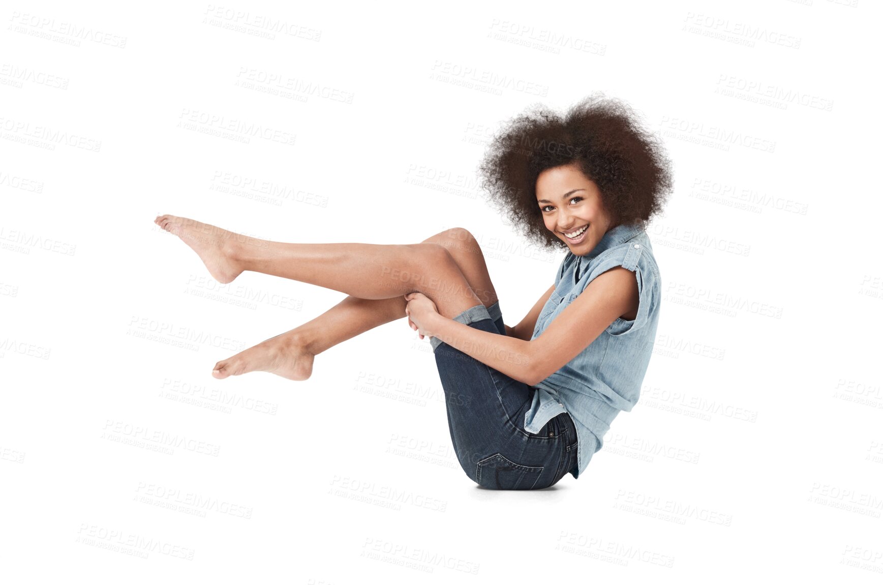 Buy stock photo Playful portrait, excited woman and sitting isolated on transparent png background for fun. Happy female person with carefree personality on floor, freedom and casual afro fashion, barefoot and smile