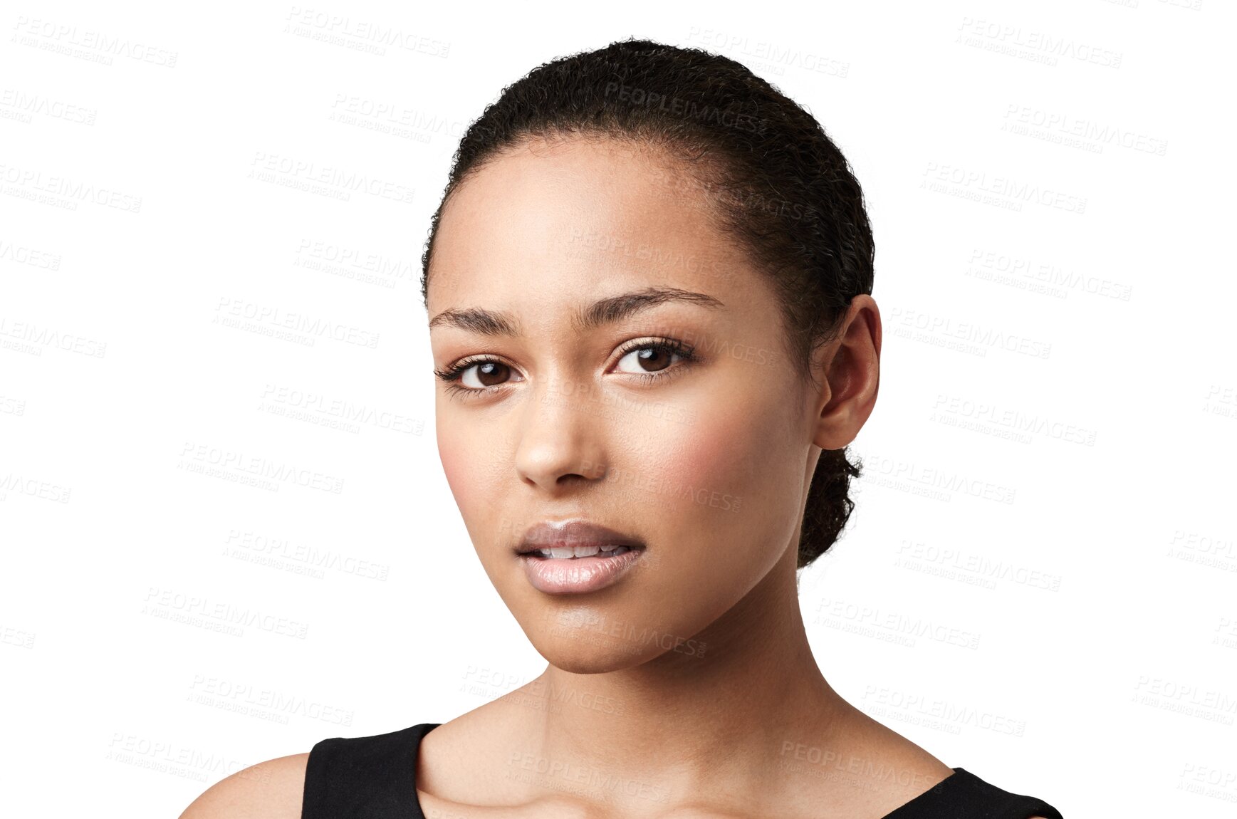 Buy stock photo Serious, confidence and portrait of woman with beauty on isolated, png and transparent background. Dermatology, pride and face of confident female person for natural cosmetics, makeup and empowerment