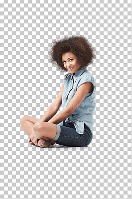 Buy stock photo Portrait, happy woman and sitting legs crossed isolated on transparent png background. Young female person with cool personality, afro hair and good mood on floor in casual style, confidence or smile