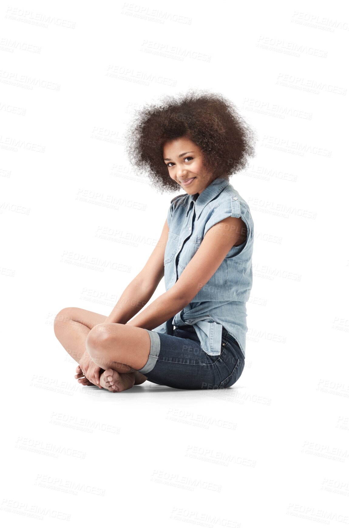 Buy stock photo Portrait, happy woman and sitting legs crossed isolated on transparent png background. Young female person with cool personality, afro hair and good mood on floor in casual style, confidence or smile