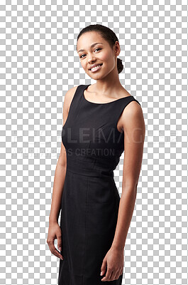 Buy stock photo Young woman, corporate fashion and smile portrait with confidence and happiness. Happy, female person face and model with confident and trendy youth style isolated on a transparent, png background
