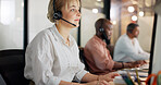 Call center, telemarketing and woman on computer for customer service, consultant and business crm in office. Sales, support and contact us on desktop, telecom consulting and microphone communication