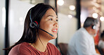 Call center, woman and phone call, contact us with CRM, customer service or telemarketing sales, conversation and technology. Communication, headset and female call centre employee, help and computer