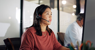 Call center, woman and phone call, contact us with CRM, customer service or telemarketing sales, conversation and technology. Communication, headset and female call centre employee, help and computer