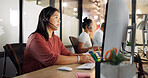 Call center, woman and phone call, contact us with CRM, customer service or telemarketing sales, conversation and technology. Communication, headset and female call centre employee, help and computer