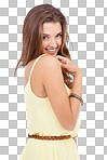 Attractive woman standing and smiling sweetly isolated on a png background