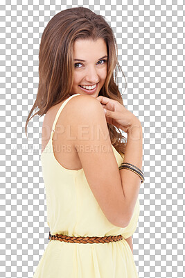 Buy stock photo Woman is happy in portrait, fashion and stylish in yellow summer dress isolated on transparent, png background. Young female model, posing with confidence and beauty, designer clothes and glamour