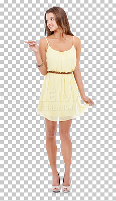 Buy stock photo Fashion, dress and promotion with a woman pointing on PNG, isolated on a transparent background as a brand ambassador.  Hand gesture, product and marketing with an attractive young female model