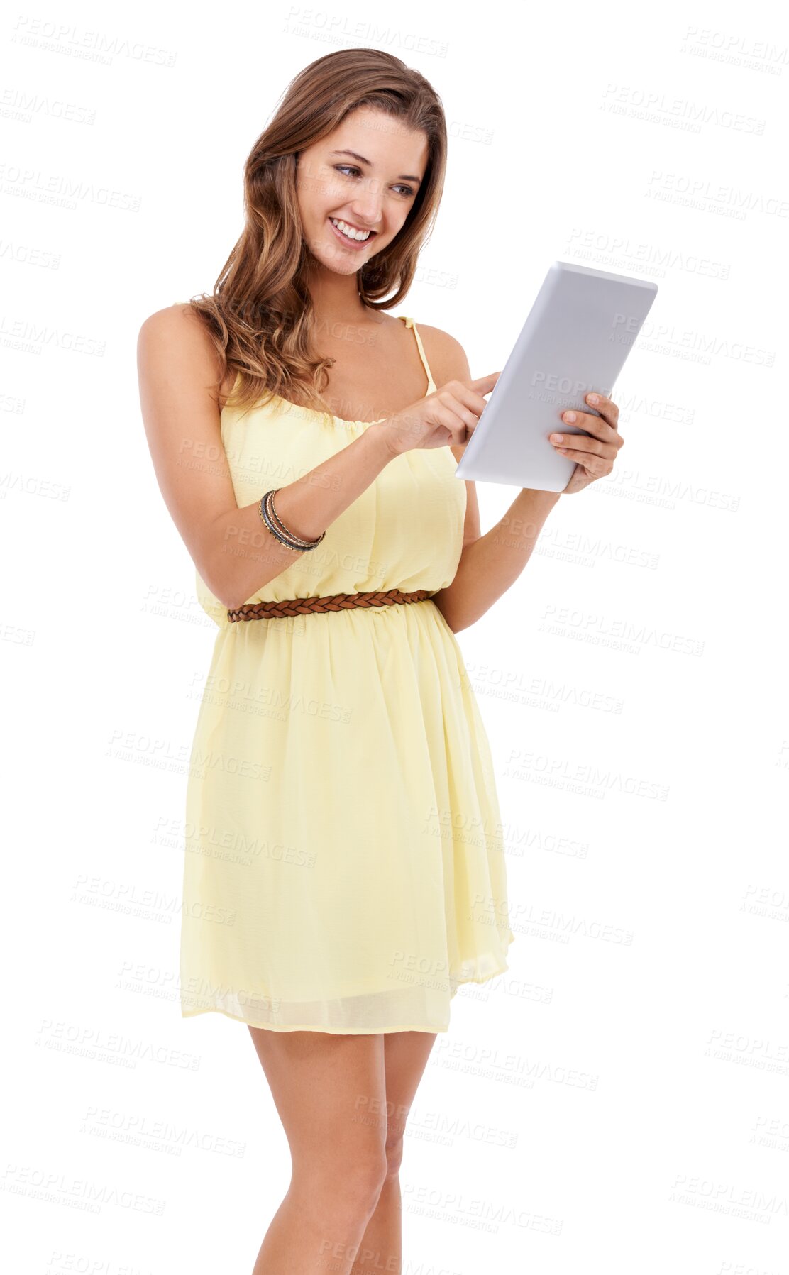 Buy stock photo Isolated woman, tablet and smile reading on app, website or search on internet by transparent png background. Student girl, happy and mobile touchscreen for social network, blog or funny video on web