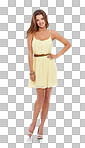 A woman in a yellow dress standing with his hand on his hips isolated on a png background