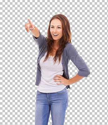 Buy stock photo Isolated woman pointing, smile and fashion with vision, direction and happiness by transparent png background. Happy student girl, model and excited face with hand sign, gesture and wow with clothes