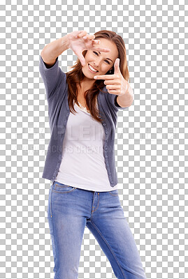 Buy stock photo Portrait, finger frame and PNG with a woman isolated on a transparent background for photography or measurement. Face, hands and dimensions with an attractive young female model posing for size