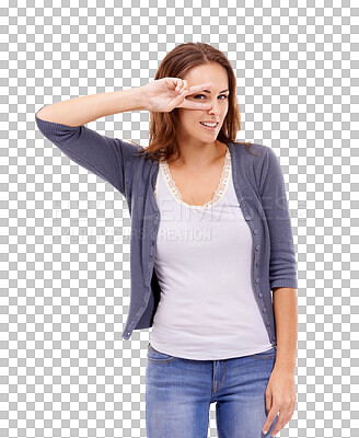 Buy stock photo Portrait, peace sign and woman with happiness, funny and silly girl isolated on a transparent background. Female person, lady and model with hand gesture, fingers and png with happiness and v symbol