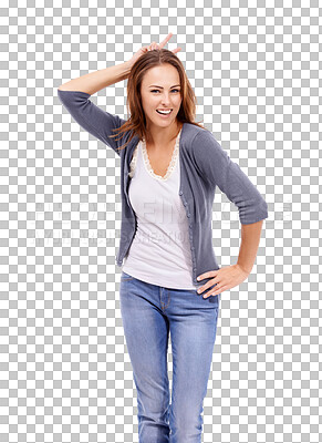 Buy stock photo Portrait, peace sign and woman with a smile, funny and silly girl isolated against a transparent background. Face, female person and happy model with v emoji, casual outfit and happiness with png