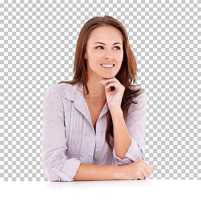 Buy stock photo Woman is thinking about ideas, inspiration and thoughtful mindset with smile isolated on transparent, png background. Female person pondering, memory and wondering with questions and problem solving