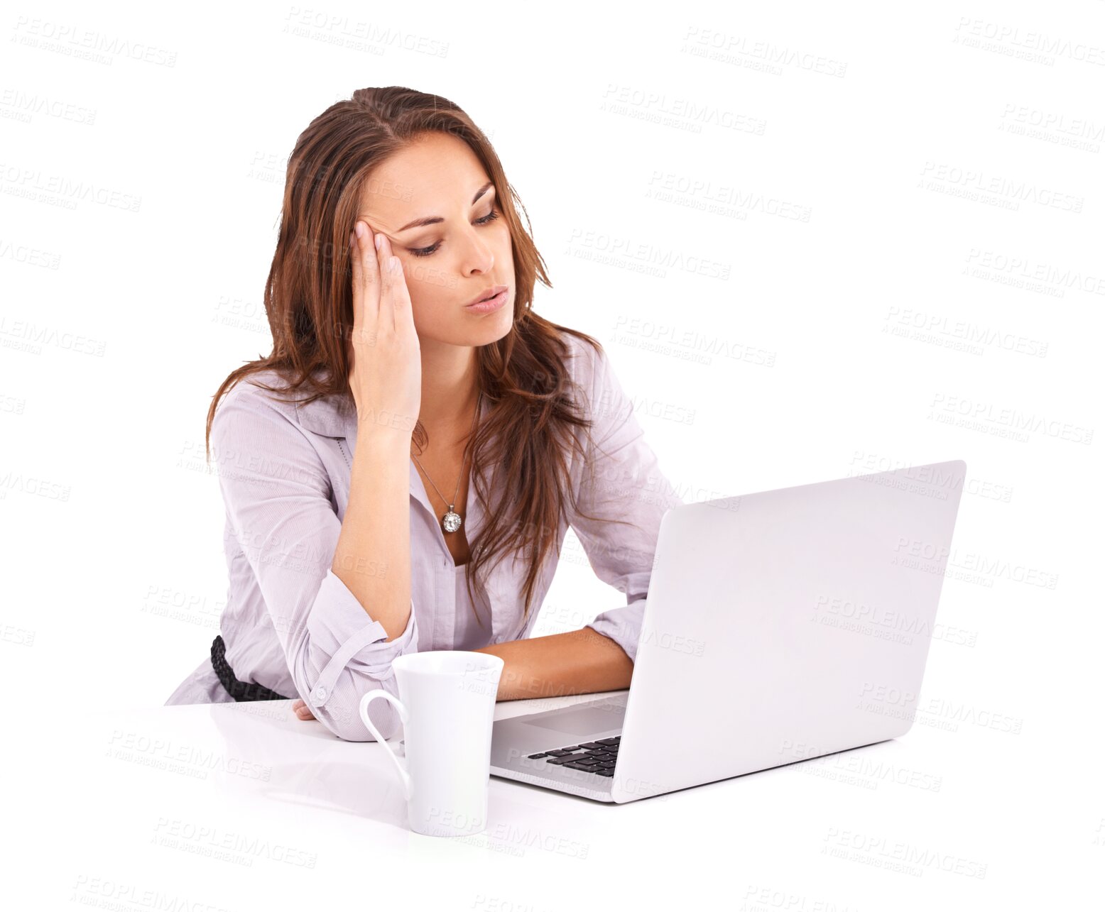 Buy stock photo Stress, headache and woman on computer isolated on transparent, png background for anxiety, burnout or pain. Brain fog, problem or fatigue business person with a fail for mental health on laptop