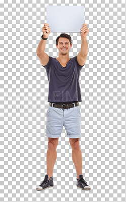 Buy stock photo Banner, billboard and portrait of man with poster on isolated, png and transparent background. Advertising, branding and happy male person with sign for information, announcement and promotion news