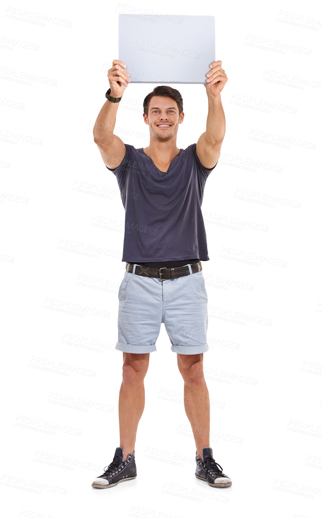 Buy stock photo Banner, billboard and portrait of man with poster on isolated, png and transparent background. Advertising, branding and happy male person with sign for information, announcement and promotion news