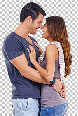 Buy stock photo Face, love and couple with a smile, hug and relationship isolated against a transparent background. Partners, man and woman embrace, happiness and romance with trust, dating and quality time with png