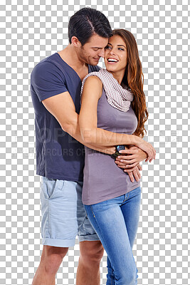 Buy stock photo Love, hug and couple with a smile, relationship and bonding with care isolated against a transparent background. Partners, happy man and woman embrace, romance and marriage with png and quality time