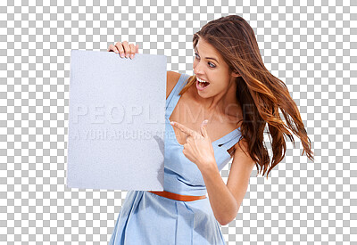 Studio shot of an attractive young woman pointing to a blank sign isolated on a png background