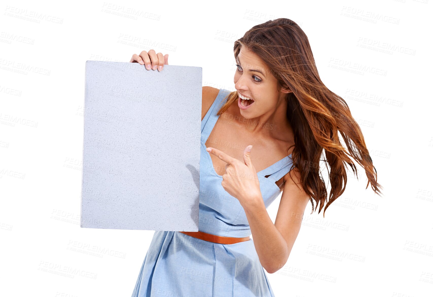 Buy stock photo Poster, excited and woman with wow billboard on isolated, png and transparent background. Advertising, branding and happy female person with sign for information, omg announcement and promotion news