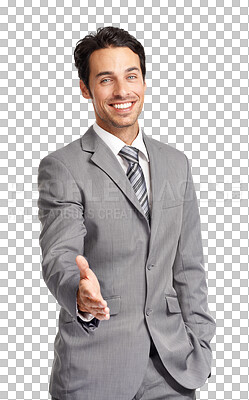 Buy stock photo Business man, deal and offer hand for handshake and smile for motivation or success. Male entrepreneur person portrait for shaking hands and partnership isolated on a transparent, png background