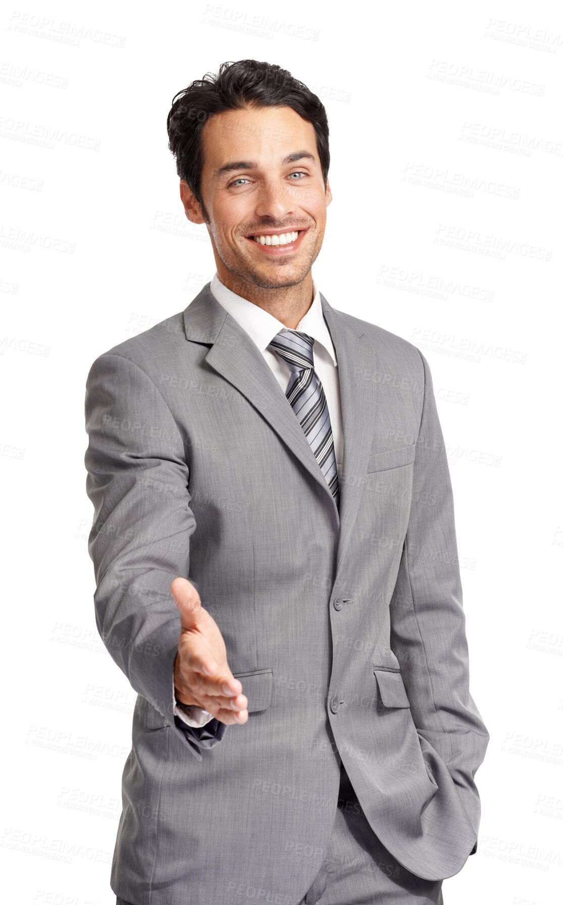 Buy stock photo Business man, deal and offer hand for handshake and smile for motivation or success. Male entrepreneur person portrait for shaking hands and partnership isolated on a transparent, png background