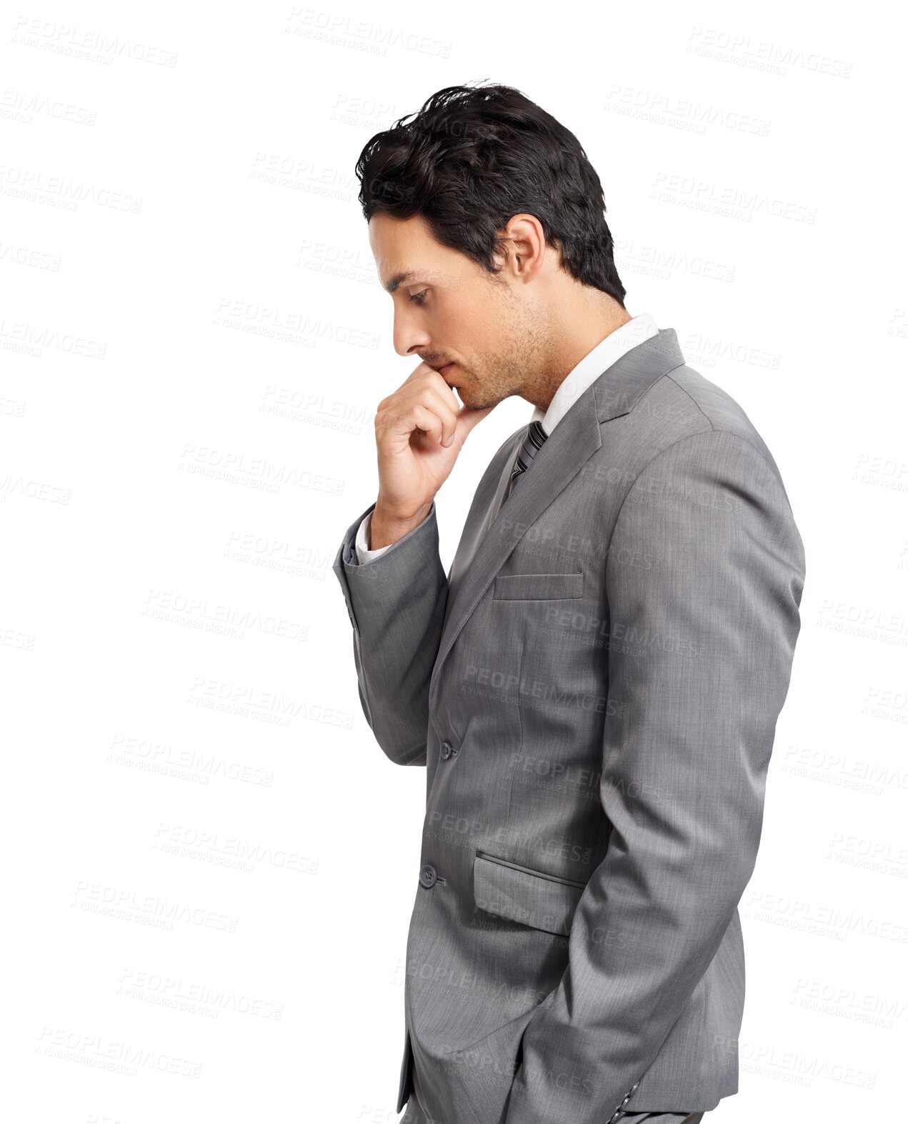 Buy stock photo Business man, thinking and doubt profile for depression, fail or mistake. Professional person with hand on face to think about serious corporate solution isolated on transparent, png background